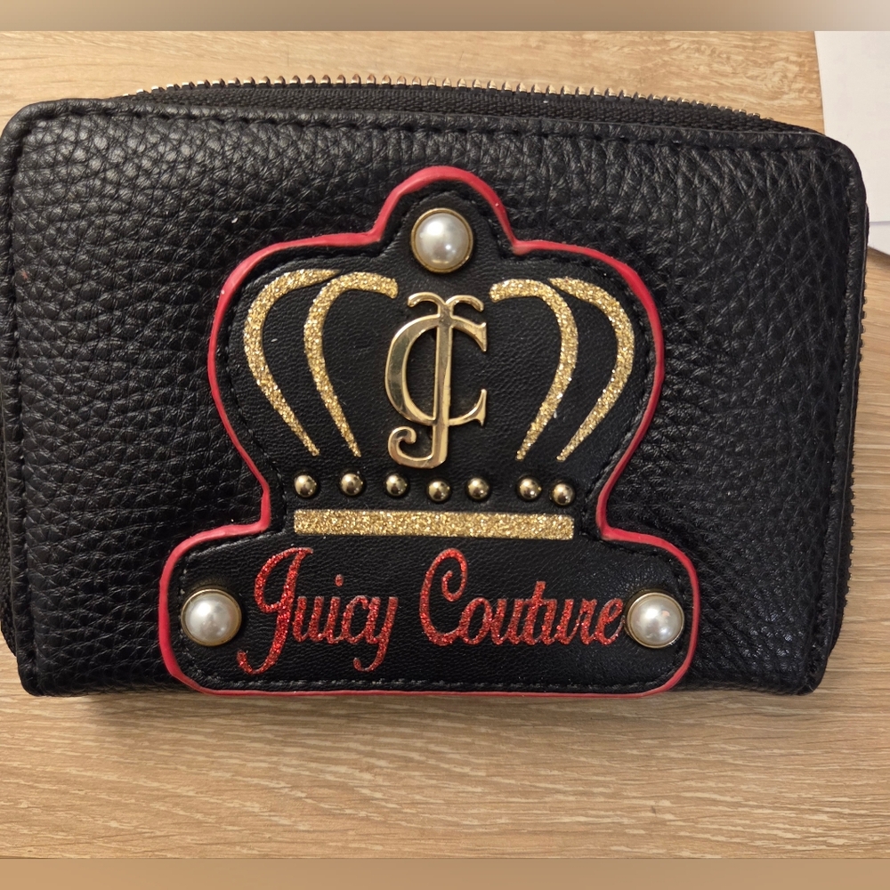 Juicy Couture Black Wallet with Gold Crown and Red Trim